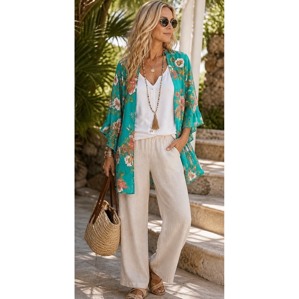 Boho Sheer Floral Kimono XS Tropical Green Open Front Beach Cover Up Lightweight